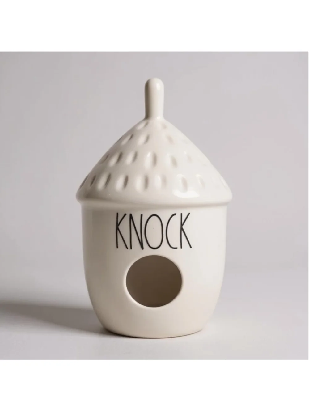 Rae Dunn Farmhouse Ceramic Acorn BirdHouse, White, 'Knock' Inscription
